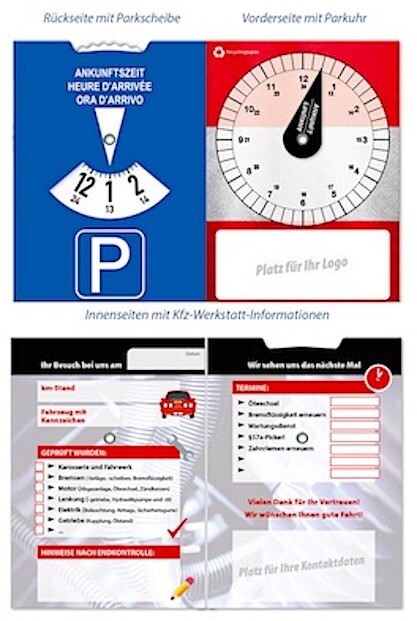 Parkscheibe / Parkuhr vierseitig mit Werbefläche